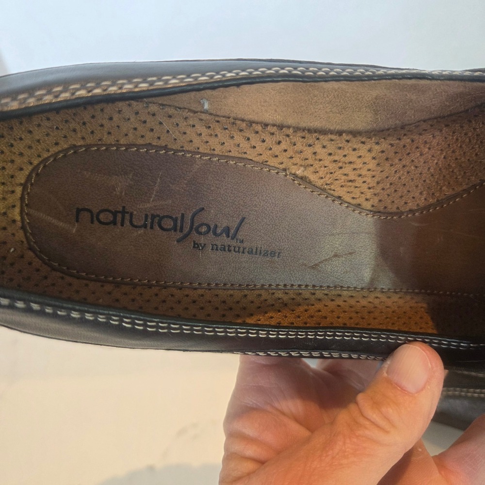 Naturalizer/Natural Soul Blk Leather Loafers Comfort Slip On Wht Stitch Women 11 - Picture 2 of 13